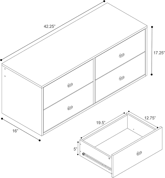 Prepac 4-Drawer Floating Dresser for Bedroom, Modern Dresser Chest of Drawers with Brushed Brass Knobs 16" D x 42.25" W x 17.25" H, White, WDBW-1412-1