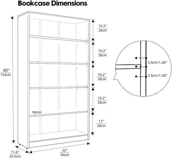 5 Tier Wooden Bookshelf, 60" H Tall Book Shelf with Adjustable Shelves, 33" Wide Bookshelf for Office, Living Room