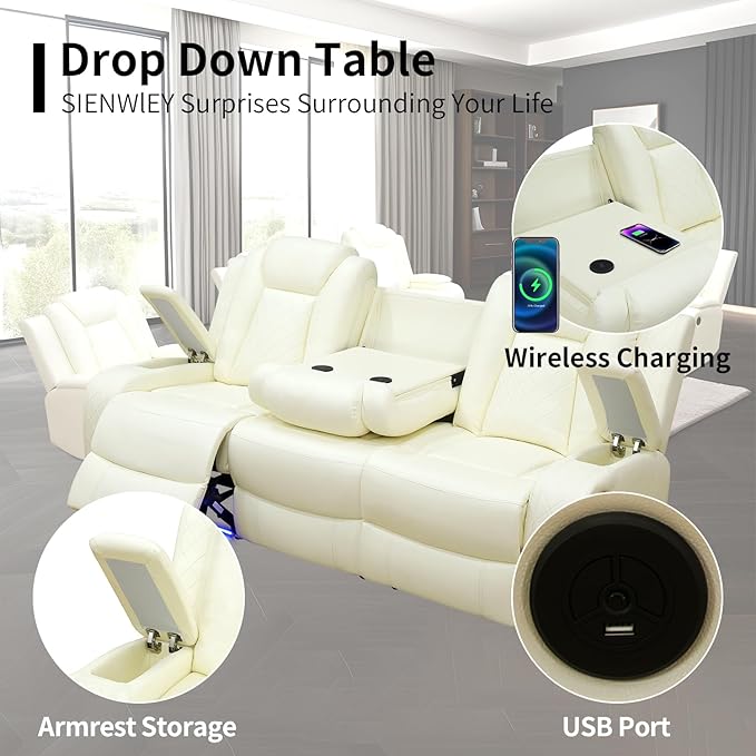 Leather Power Recliner Sectional Sofa Set with LED Light,L Shaped Leather Couch Set with 5 Recliner Seats,Modular Couch with USB Ports for Living Room Furniture(White, Sectional+Sofa+Chair)