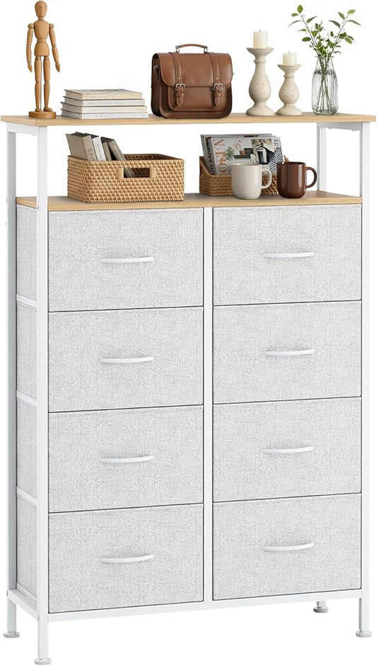 8 Drawers Dresser with Open Shelf, 46" Tall Storage Organizer Chest of Drawer with Wooden Top, Sturdy Metal Frame for Bedroom, Hallway, Living Room, Light Gray