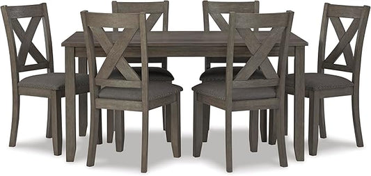 Signature Design by Ashley Caitbrook Rustic 7-Piece Dining Set – Rectangular Table with 6 X-Back Upholstered Chairs, Gray