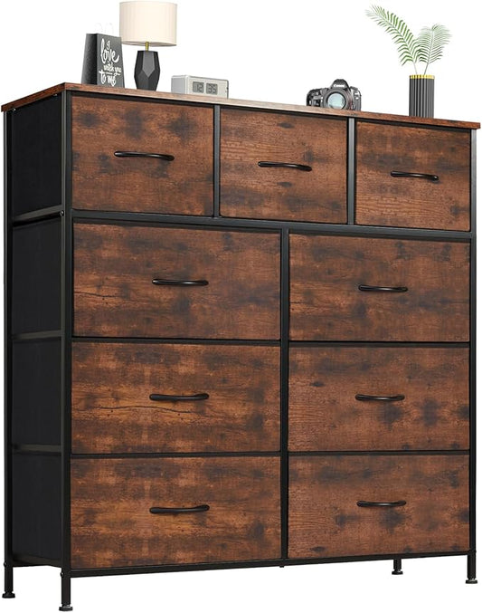 OLIXIS Dresser for Bedroom, Drawer Dresser Organizer Storage Fabric Storage Tower, Chest of Drawers with 9 Easy Pull Fabric Bins, Steel Frame, Wood Top for Living Room, Closet, Entryway, Hallway