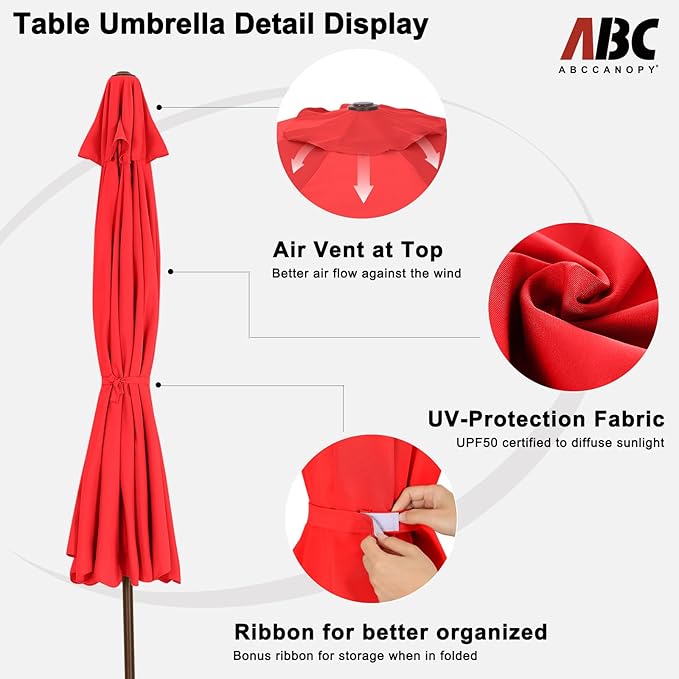 ABCCANOPY 9ft Scalloped Patio Umbrella, Outdoor Table Umbrella with Tilt and Crank, Fiberglass Ribs Deck Umbrella for Patio, Pool, Garden, Picnic (Red)