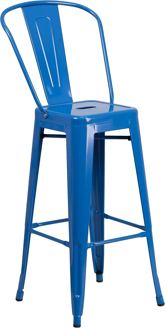 Flash Furniture Commercial Grade 30" High Blue Metal Indoor-Outdoor Barstool with Removable Back