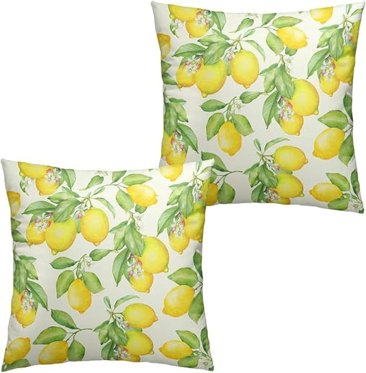 Lemon Pillow Covers 18x18 Set of 2 Summer Fruit Yellow Lemon with Green Leaf Floral Decorative Pillows Cases Watercolor Outdoor Square Cushion Cover for Farmhouse Living Room Decor