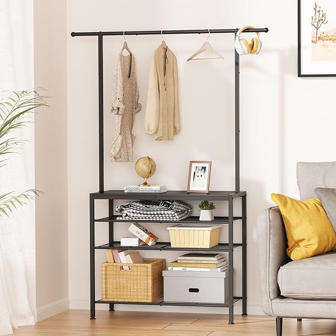 Hall Tree, Entryway Shoe Rack with Coat Rack, 5 Tier Adjustable Shoe Storage with 45.7" Long Coat Rack for Front Door, Garage, Closet, Freestanding, Industrial, Ink Black