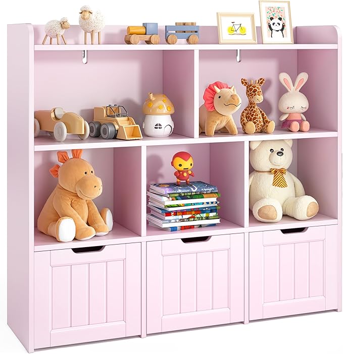 Gizoon Toy Storage Cabinet and Kids Bookcase with 3 Movable Drawers and 6 Open Shelves Featuring Fall Prevention Barrier for Playroom Nursery Kids Room Organization, Pink