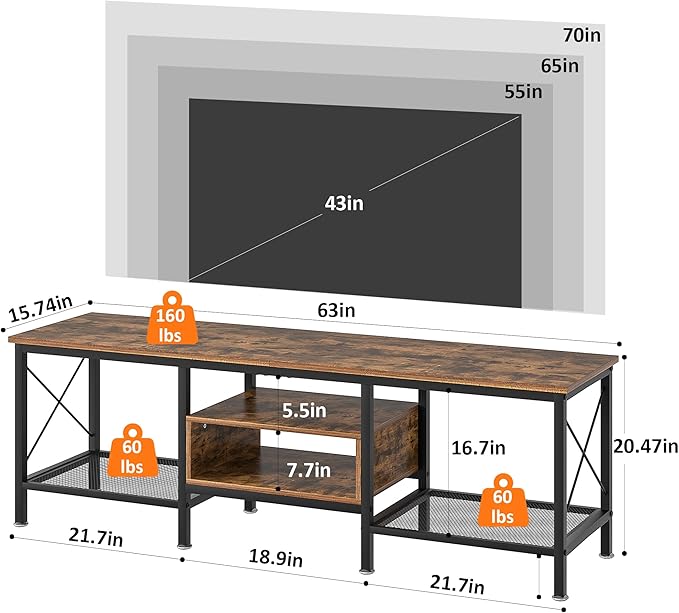 VECELO Industrial TV Stand for 70 Inch Television Cabinet 3-Tier Console with Open Storage Shelves, Entertainment Center Metal Frame for Living Room, Bedroom, 63 Inch, Dark Brown
