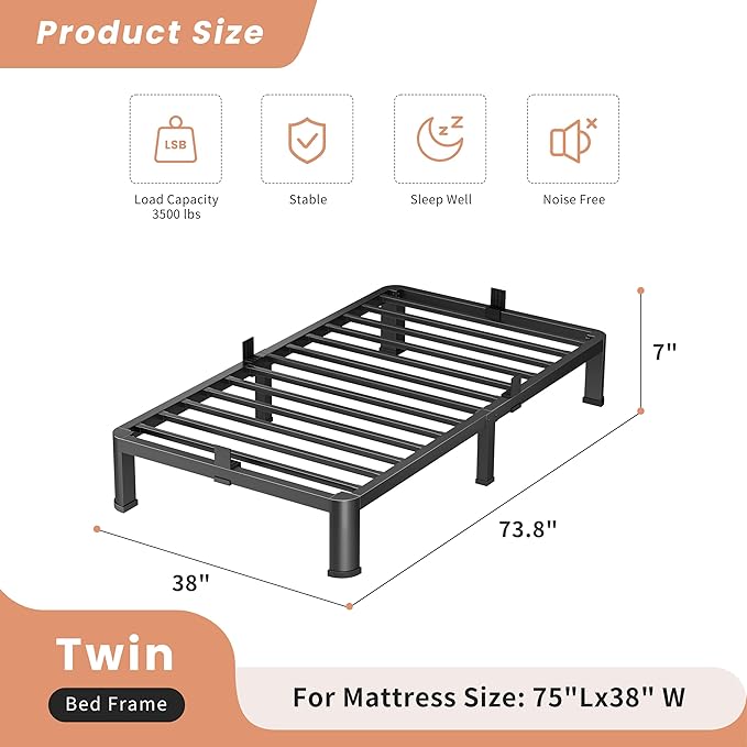 7 Inch Twin Heavy Duty 3500 lbs Bed Frame with Round-Corner Legs & Anti-Squeak Design – Quick Assembly Metal Platform, No Box Spring Needed