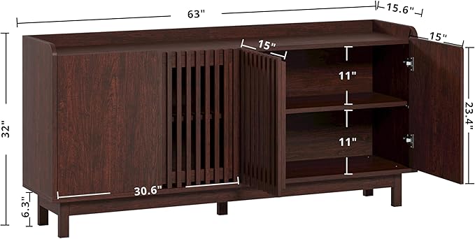 IRONCK Storage Cabinet, Buffet Cabinet with Grille Doors and 2 Adjustable Shelves, Mid Century Sideboard for Kitchen, Dining Room, Entryway（Natural Red Walnut）