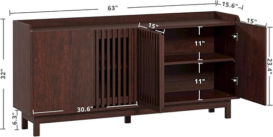 IRONCK Storage Cabinet, Buffet Cabinet with Grille Doors and 2 Adjustable Shelves, Mid Century Sideboard for Kitchen, Dining Room, Entryway（Natural Red Walnut）