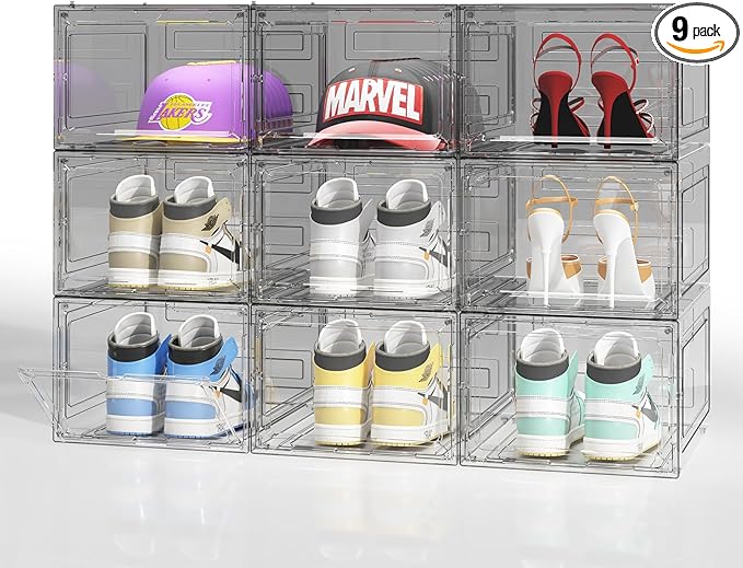Large Shoe Boxes Clear Plastic Stackable 9 Pack Shoe Storage Organizer for Closet/Entryway, Drop front Shoe Box with Magnetic Door, Shoe Display Case, Fit up to US size 14