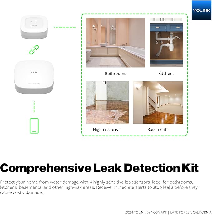 YoLink Smart Home Leak Detection Starter Kit – Hub + 4 Water Leak Sensors (0 dB), LoRa Long-Range, Alexa & IFTTT Compatible, Instant App/SMS/Email Alerts, Up to 5-Year Battery