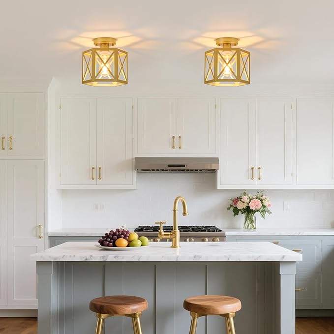 2 Pack Gold Semi Flush Mount Ceiling Light, Farmhouse Hallway Light Fixture Ceiling Mount, Metal Chandelier with Hexagonal Cage, Vintage Lantern Lamp for Kitchen Porch Sink