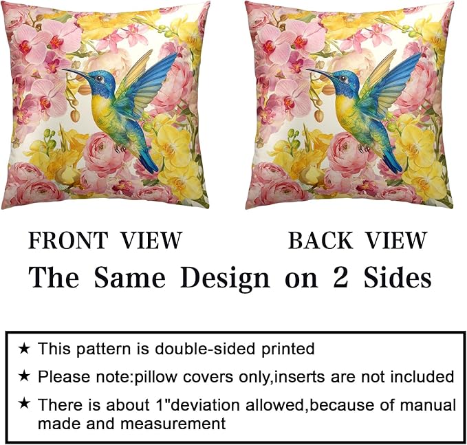 Spring Pillow Covers 20x20 Set of 2 Hummingbird Throw Pillow Covers Pink Yellow Moth Orchid Buttercup Floral Pillow Case for Home Decor Couch Sofa