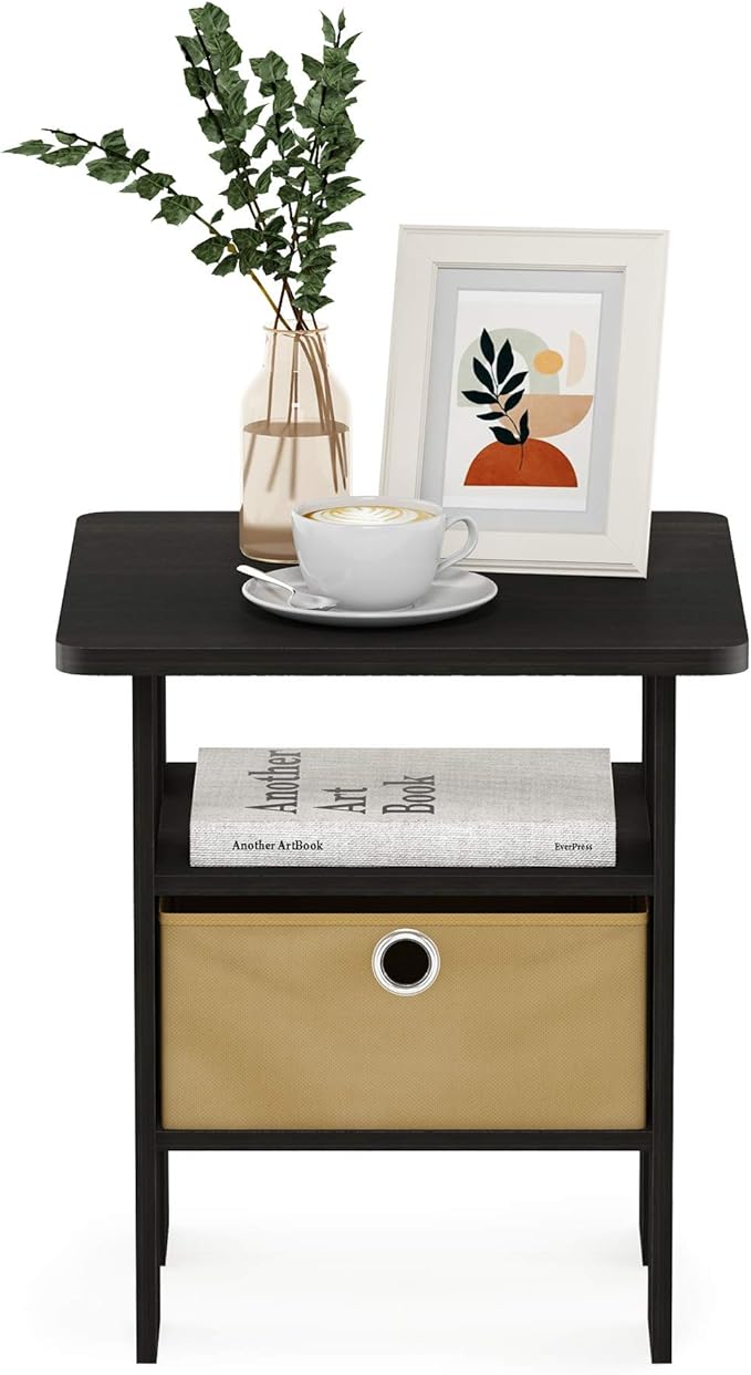 Furinno ANDREY Side Table, End Table, Night Stand with Open Shelves and Storage Bin, Bedside Table, for Living Room, Bedroom, Espresso