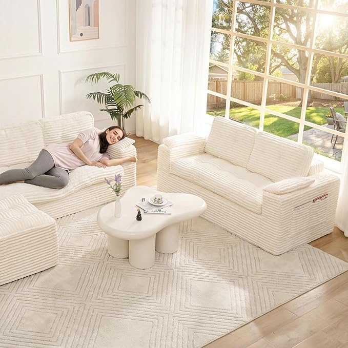 Boneless Loveseat, 2 Seater Deep Seat Loveseat Sofa with Wide‑Wale Corduroy for Small Spaces & Living Room, 60” Width, No Assembly, Washable Cover, Beige
