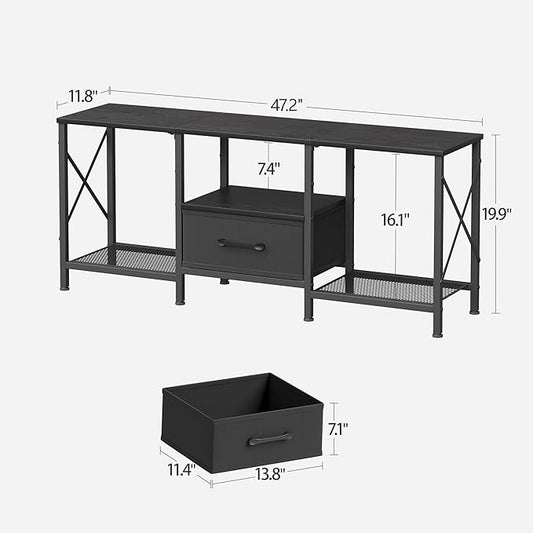 TV Stand with Fabric Drawer, Entertainment Center for 50 55 Inch TV, Industrial TV Console Table with Open Storage Shelves for Living Room, Bedroom, Black