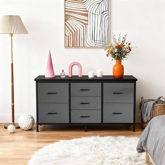 DUMOS TV Stand 7 Drawer Dresser for Bedroom with Storage TV Stands for Living Room Grey, Farmhouse Entertainment Center Media Console Table with Metal Frame Adjustable Feet