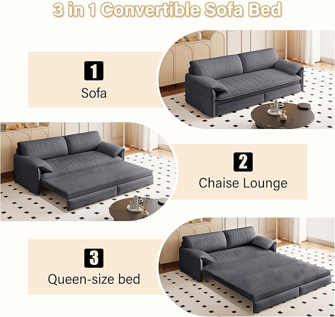 Eafurn 66" Convertible Sofa Bed Queen Size, 3-in-1 Pull Out Sleeper Couch Sofabed, Modern Velvet Loveseat Chaise Lounge w/Side Storage Pocket for Living Room Office | Removable Cushions