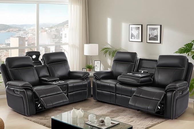 Power Reclining Sofa Set, Power Recliner Sofa and Loveseat Set with LED Light/Bluetooth Speakers, Electric Reclining Sofa Couch Living Room Set for Home, Office(Black, Sofa+Loveseat) | pu leather, Bluetooth Speakers, LED Light, outlets, Storage Drawer