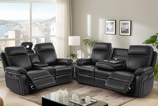 Power Reclining Sofa Set, Power Recliner Sofa and Loveseat Set with LED Light/Bluetooth Speakers, Electric Reclining Sofa Couch Living Room Set for Home, Office(Black, Sofa+Loveseat) | pu leather, Bluetooth Speakers, LED Light, outlets, Storage Drawer