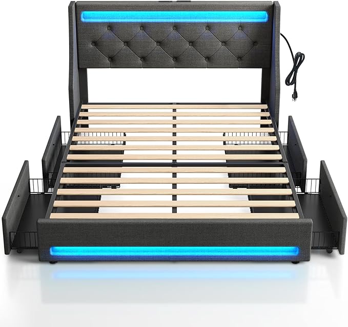Rolanstar Queen Bed Frame with LED Lights and Charging Station, Upholstered Bed with Drawers, Wooden Slats, Noise Free, Easy Assembly, Dark Gray