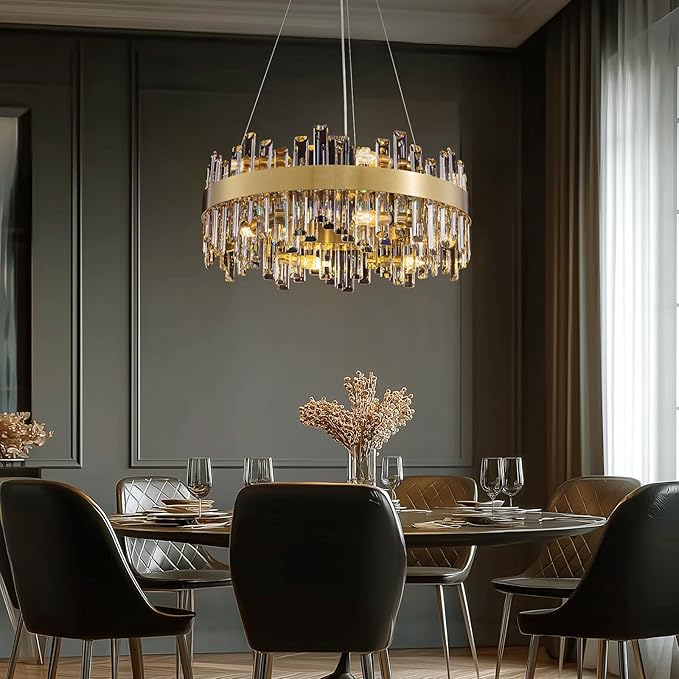 Gold Crystal Chandelier for Dining Room, 12-Light Modern Chandelier, 23.6-inch K9 Crystal Raindrop Ceiling Light, Luxury Flush Mount Light Fixture for Kitchen Living Room Entryway Bedroom