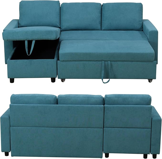 83 Inch Pull Out Couch, Convertible Sofa Bed for Living Room, Comfortable Sleeper Sofa with Pull Out Bed, Modern Sectional Couches with Storage Chaise, Easy Assembly for Apartment, Blue