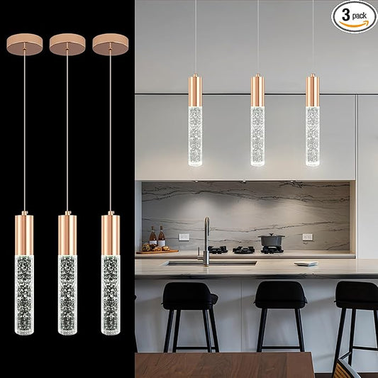 3-Pack Modern Crystal Pendant Light for Kitchen Island, Elegant Gold LED Bubble Hanging Chandelier Lighting Fixture for Dining Room Bedside