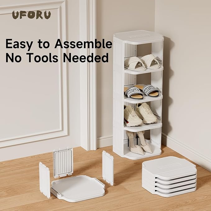 Vertical Shoe Rack, 6 Tiers Stackable Shoe Rack for Closet, Tall Standing Shoe Organizer, Small Shoe Shelf for Narrow Places Durable Plastic Construction (White)