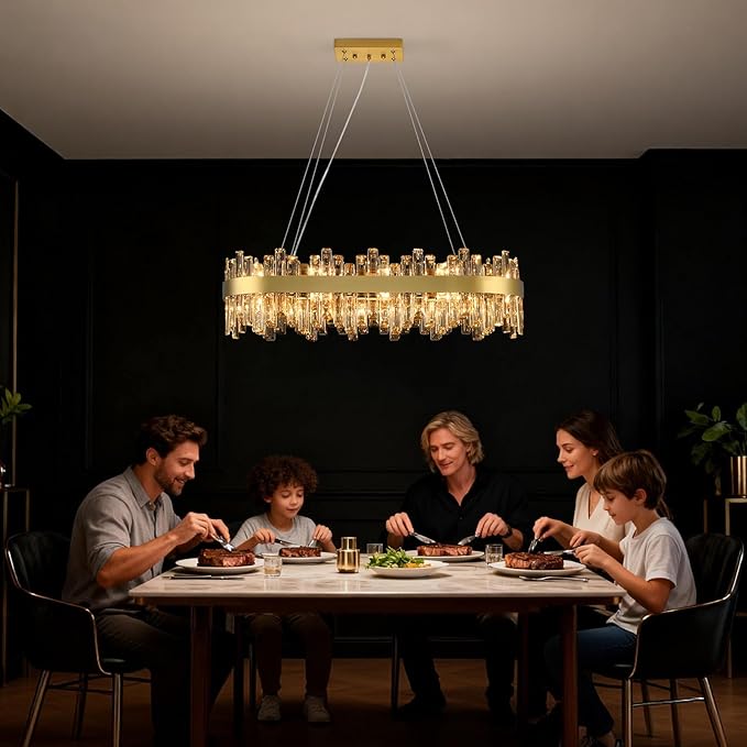 Gold Crystal Chandeliers for Dining Room, 20 Lights Modern Oval Chandelier for Lining Room, Rectangular Crystal Pendant Light Fixture for Kitchen Island Bar L36 Inch