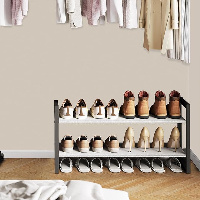 2-Tier Shoe Rack for Closet & Entryway, Stackable Shoe Organizer, Screw-Fastened Metal Frame for Less Wobble, Heel-Friendly Non-Woven Shelves, 11.8" Deep Space-Saving Shoe Storage (Black)