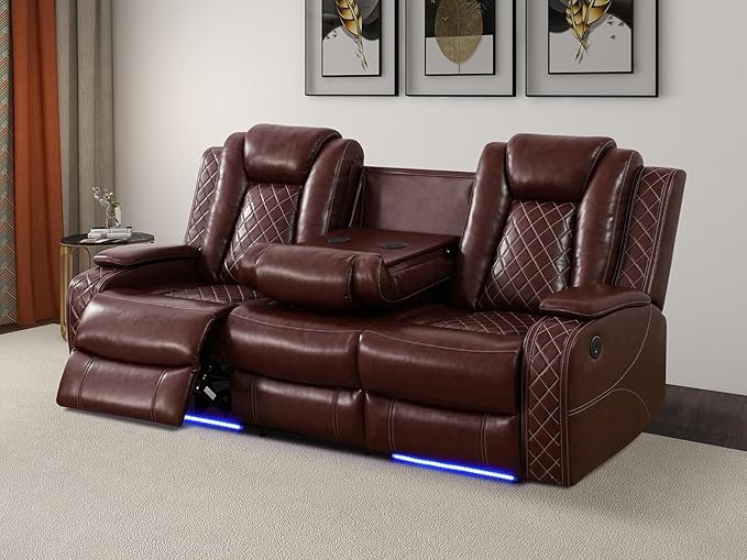 Power Reclining Sofa Sets, Breathing Leather Sofa, Living Room Furniture Sets Brown Power Reclining Sofa with 2 Recliner Seats/USB Ports/LED Light for Living Room, Office