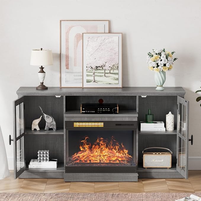 YESHOMY Glass Fireplace TV Stand for Televisions up to 65", Media Entertainment Center Console Table with Doors Closed Storage, Grey Wash