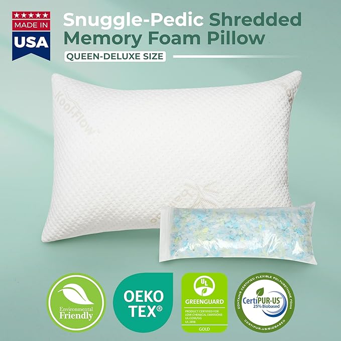 Snuggle-Pedic Queen Shredded Memory Foam Bed Pillow - Ergonomic Design with Cooling Airflow Cover - Custom Support for Side Sleepers, Pregnancy Relief Recovery Comfort & Dorm Essentials - USA Quality