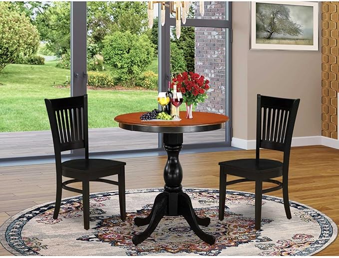East West Furniture ESVA3-BCH-W 3 Piece Dining Table Set for Small Spaces Contains a Round Dining Room Table with Pedestal and 2 Wood Seat Chairs, 30x30 Inch, Black & Cherry
