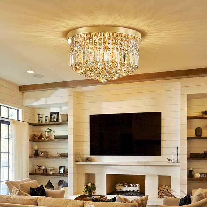 Saint Mossi 9 Light Modern K9 Crystal Raindrop Chandelier Lighting, Flush Mount, Perfect for Dining Room Bedroom; E12 Bulb Base; Height 11" x Diameter 20"; Champagne Crystal & Gold Finish