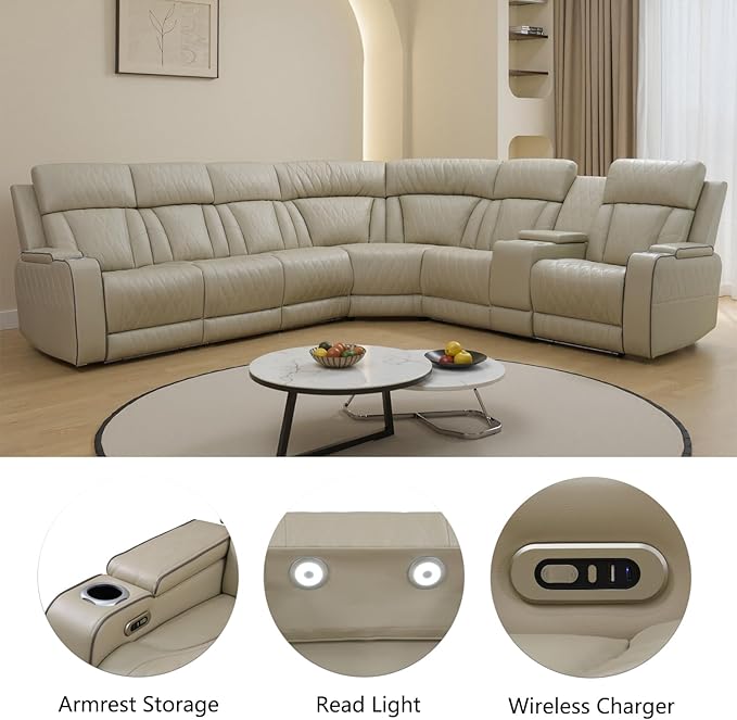 Power Recliner Sectional Sofa with LED Light, Breathing Leather Recliner Sofa Couch with USB Port/Cup Holder/Storage for Living Room (6 Seat Reclining Sectional Couch) (Khaki)