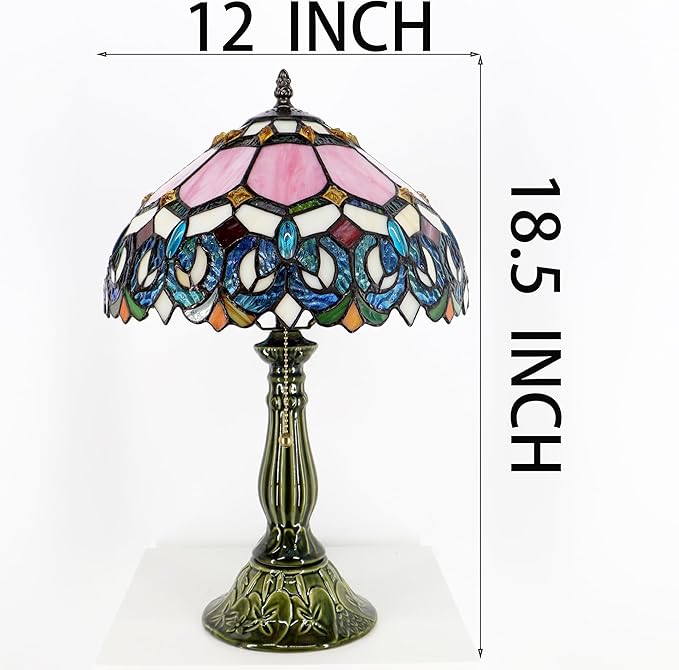 Tiffany Lamp Stained Glass Table Lamps Pink Jewelry Baroque Style Desk Lamp 12X12X18.5 Inch Bronze Ceramic Base Reading Light Suitable for Bedside Bedroom Living Room Dining Room Office