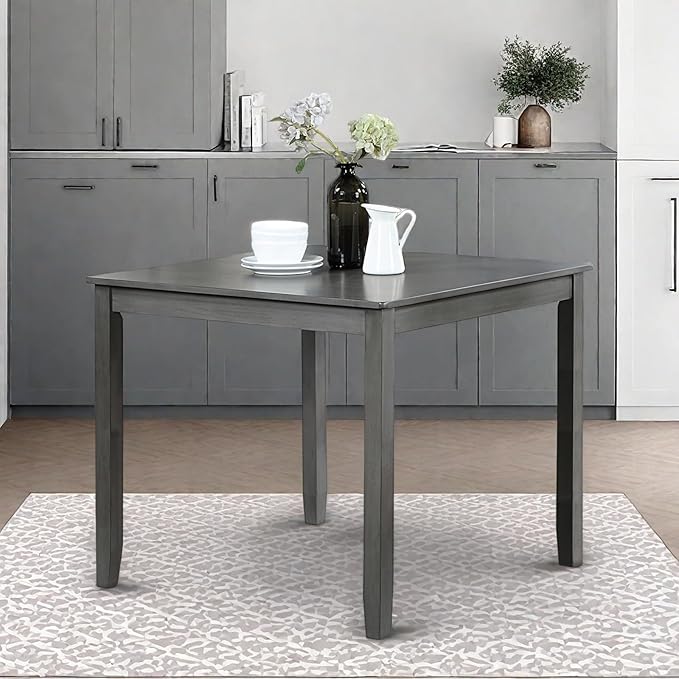 Dining Table for 4, Wooden Square Kitchen Table with Natural Woodgrain Finish, 34.5" MDF Modern Dining Table with Solid Wood Tapered Legs and Rounded Corners, Easy Assembly, Gray