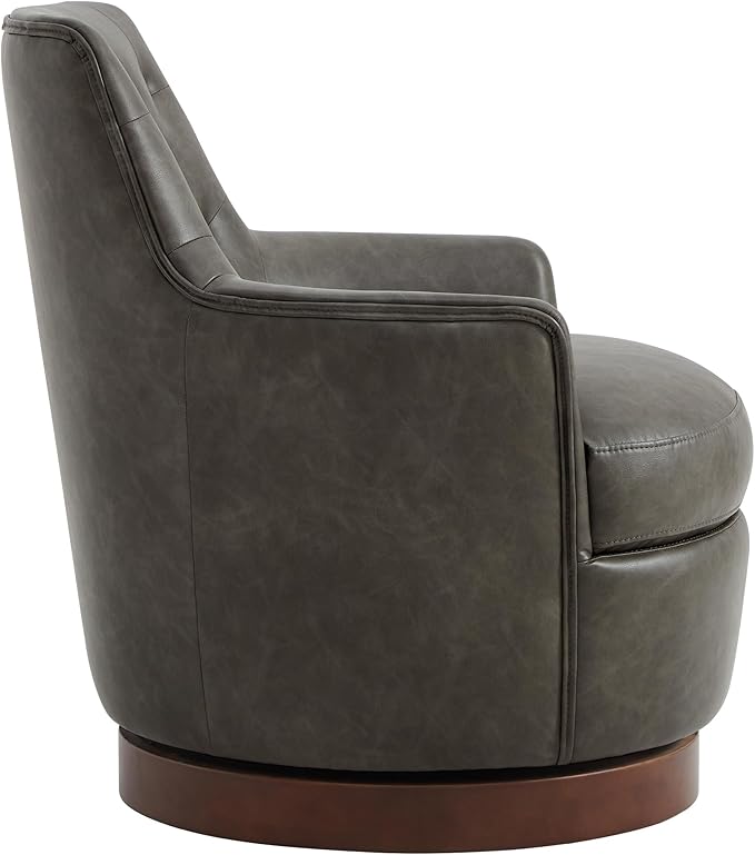 Watson & Whitely Swivel Barrel Accent Chair, Tufted Upholstered Arm Chair for Living Room and Bedroom, Faux Leather in Dark Grey