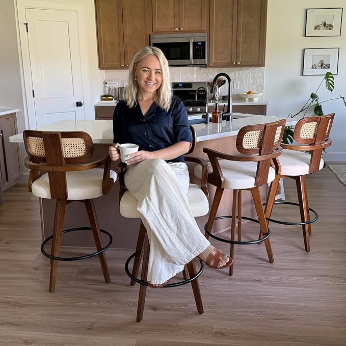 Set of 3 Counter Height Bar Stools - 27 inch Swivel Counter Stools with Walnut Craftsmanship, Cane Back, Upholstered Faux Leather, Kitchen Island Stools for Island/Pub/Kitchen (27" Seat Height, Beige)