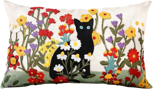 Embroidered Lumbar Pillow Cover - 20x12 Decorative Pillow Cover with Zipper Aesthetic Cute Design Boho Spring Summer Throw Pillowcase for Living Room Couch Sofa Bed, Flower Cats