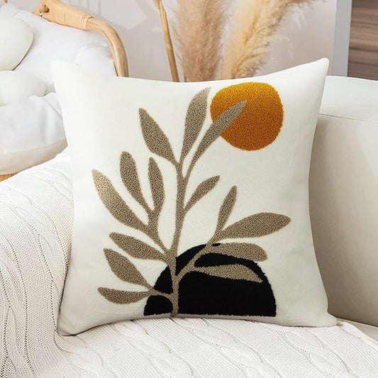 Merrycolor Boho Decorative Throw Pillow Covers 16x16 Tufted Mid Century Modern Throw Pillow Covers Abstract Leaf Pillow Cover Bohemian Aesthetic Boho Pillows for Couch Bed Sofa Living Room 1PC