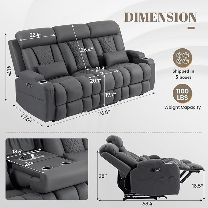 Zero Wall Hugger Power Reclining Sofa with Adjustable Headrest, Electric Reclining Couch with Drop-Down Table,Outlets, Power Loveseat Recliner Sofa for Living Room (Gray, 3 Seat)