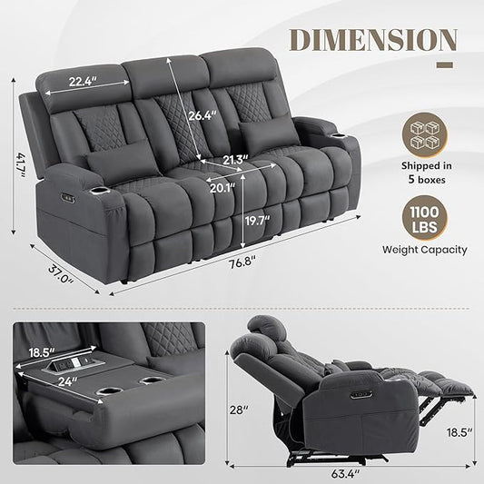 Zero Wall Hugger Power Reclining Sofa with Adjustable Headrest, Electric Reclining Couch with Drop-Down Table,Outlets, Power Loveseat Recliner Sofa for Living Room (Gray, 3 Seat)
