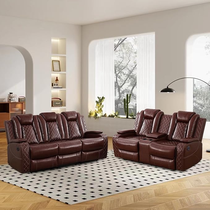 Power Recliner Sofa Set, Air Leather Reclining Couch with LED/Cup Holders/Storage, 2 Pieces Reclining Living Room Furniture, Burgundy Leather Sofa and Loveseat for House/Apartment/Office