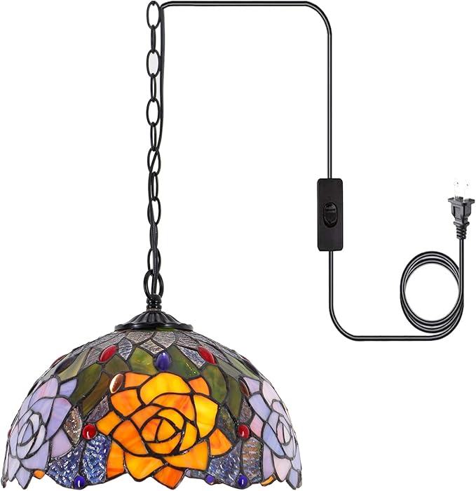Tiffany Pendant Light Plug in 12 Inch Orange Red Rose Flower Stained Glass Hanging Lamp with Chain 33 Inch, Cord 15 Feet