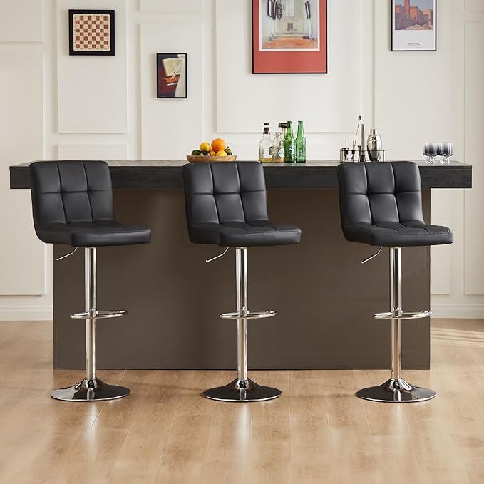 DUMOS Bar Stools Set of 2, 24 inch Counter Height Bar Stools, Upholstered Modern Kitchen Barstools with Metal Base, PU Leather Saddle Stools for Kitchen Island, Inky Black